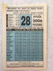 28 EYLÜL 2006-TAKVİM YAPRAĞI-DOĞUM GÜNÜ HEDİYESİ-FAZİLET TAKVİMİ