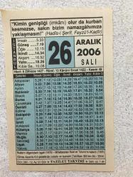 26 ARALIK 2006-TAKVİM YAPRAĞI-DOĞUM GÜNÜ HEDİYESİ-FAZİLET TAKVİMİ