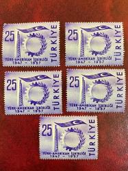 1957 TC Türkiye Amerika işbirliği 25 kuruş pul 5 adet MNH