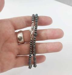 925 Gümüş Yanar Döner Hakiki Siyah İnci ve Hematit Taşlı Kolye ve Küpe Set