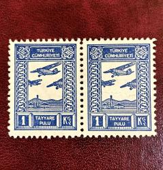 1937 TC 1 Kuruş Tayyare pulu 2 li blok MNH