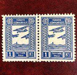 1937 TC 1 Kuruş Tayyare pulu 2 li blok---MNH