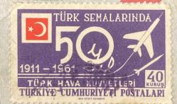 Mektup Zarfından Kesilmiş  / Postadan Geçmiş Pul Filateli - Damgalı - TÜRK HAVA KUVVETLERİ'NİN 50. YILI 1911-1961, 40 KURUŞ - Türkiye Cumhuriyeti