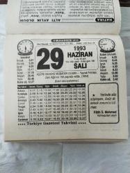 Türkiye Gazetesi takvimi 29 Haziran 1993 doğum günü hediyesi hediyelik takvim yaprağı