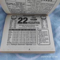 TÜRKİYE GAZETESİ TAKVİMİ 22 KASIM 1993 - DOĞUM GÜNÜ HEDİYESİ HEDİYELİK TAKVİM YAPRAĞI