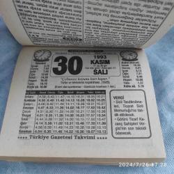 TÜRKİYE GAZETESİ TAKVİMİ 30 KASIM 1993 - DOĞUM GÜNÜ HEDİYESİ HEDİYELİK TAKVİM YAPRAĞI