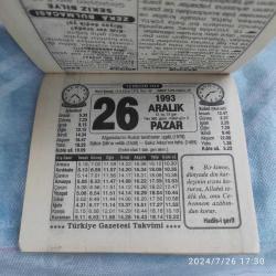 TÜRKİYE GAZETESİ TAKVİMİ 26 ARALIK 1993 - DOĞUM GÜNÜ HEDİYESİ HEDİYELİK TAKVİM YAPRAĞI