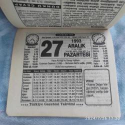 TÜRKİYE GAZETESİ TAKVİMİ 27 ARALIK 1993 - DOĞUM GÜNÜ HEDİYESİ HEDİYELİK TAKVİM YAPRAĞI