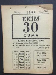 30 EKİM 1964-TAKVİM YAPRAĞI-DOĞUM GÜNÜ HEDİYESİ,KARSIN KURTULUŞU 1920,MONDROS MÜTAREKESİ,1918,HUTBE