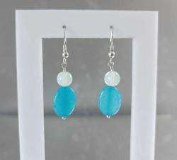 El Yapımı Gümüş Kaplama Mavi Akik ve Aytaşı Taşlı Küpe