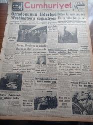 Cumhuriyet Gazetesi - 24 Ocak 1957 - Ortadoğu'nun Liderleri Washington'a Çağrılıyor - Celal Bayar Adnan Menderes Ve Misafir Başbakanlar Şehrimizde - İstanbul'un Orijinal Tiplerinden Nazmi Acar Da Vefat Etti - Nuri Said Paşa İstifa Etmedi - Zafer Gazetesinin Muhalefete Yeni Hücumları - Edebiyat Fakültesinde İsmet İnönü'ye Hakaret Meselesi - Monako Prensesi Grace Kelly Kız Doğurdu - Dokunulmazlıklarının Kaldırılması İstenilen Mebuslara Dair Kararı - Ortadoğu Teknik Üniversitesinin Kuruluşu İle İlgili Kanun Dün Mecliste Kabul Edildi- Ahmed Hamdi Tanpınar Edebiyat Bahisleri - İdam Sehpasında Can Veren Devletliler Yazı Dizisi - Despot Yazan Reşat Enis 17 Yazı Dizisi - Reşad Nuri Güntekin Eserleri - Burhan Felek - Resimli Romanımız Zırhlı Haydud - Kapatılan İşçi Federasyonu Tekrar Açıldı - Fenerbahçe Beyoğluspor' Dört Golle Yendi - Türkiye'nin İlk Kayak Okulu Uludağ'da Açıldı - Ordulararası Dünya Şampiyonası - Galatasaray Bugün Kampa Giriyor - Komili Çamaşır Sabunu