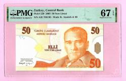 TURKEY 50 YTL P220 2005 PREFIX G35 SUPER B GEM UNC PMG 67 EPQ  (15 947) ÇİL