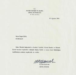 M.T.A. GENEL MÜDÜRÜ M.SITKI SANCAR ISLAK İMZALI TURGUT ÖZAL'A YAZI...