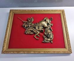 Antika Bronz (Saint George Slaying The Dragon) Aziz George ve Ejderha Temalı Altın Yaldızlı Çerçeveli Duvar Panosu İkona Rusya
