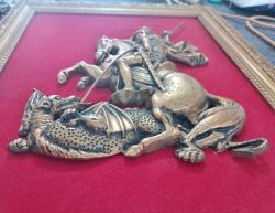 Antika Bronz (Saint George Slaying The Dragon) Aziz George ve Ejderha Temalı Altın Yaldızlı Çerçeveli Duvar Panosu İkona Rusya