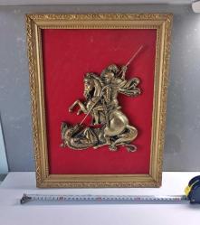 Antika Bronz (Saint George Slaying The Dragon) Aziz George ve Ejderha Temalı Altın Yaldızlı Çerçeveli Duvar Panosu İkona Rusya