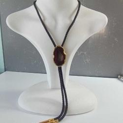 Vintage  Örgü Hakiki Deri ve Akik Taşlı 24Ayar Altın Kaplama Bolo Tie Kovboy Kolyesi Arizona