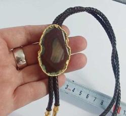 Vintage  Örgü Hakiki Deri ve Akik Taşlı 24Ayar Altın Kaplama Bolo Tie Kovboy Kolyesi Arizona