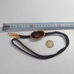 Vintage  Örgü Hakiki Deri ve Akik Taşlı 24Ayar Altın Kaplama Bolo Tie Kovboy Kolyesi Arizona