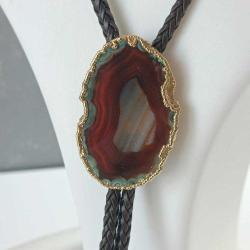 Vintage  Örgü Hakiki Deri ve Akik Taşlı 24Ayar Altın Kaplama Bolo Tie Kovboy Kolyesi Arizona