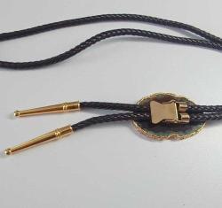Vintage  Örgü Hakiki Deri ve Akik Taşlı 24Ayar Altın Kaplama Bolo Tie Kovboy Kolyesi Arizona