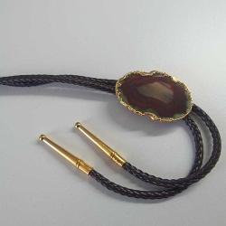 Vintage  Örgü Hakiki Deri ve Akik Taşlı 24Ayar Altın Kaplama Bolo Tie Kovboy Kolyesi Arizona