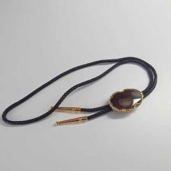 Vintage  Örgü Hakiki Deri ve Akik Taşlı 24Ayar Altın Kaplama Bolo Tie Kovboy Kolyesi Arizona