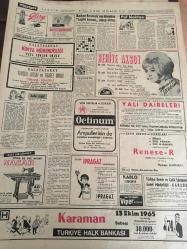 HÜRRİYET GAZETESİ  2 EKİM  1965 YIL :18 SAYI :6259-Gündüz Kılıç-Behiye Aksoy ,Şençalar Plak reklamı-Marc Aryan,Adamo-İpana,Zetina,Türkiye Halk Bankası,Galatasaray Kimya Mühendisliği Yüksek Okulu,Özel Galatasaray Yüksek İktisat ve Ticaret Okulu reklamları--- Endonezya da iktidarı  ,solcular ele geçirmek istedi ---Sukarno 'ya karşı  hareket oldu ---Demirel  ,su  derdi  halledilemeyen  Urfa  ahalisinden  af talep etti --- 12 milyonluk  binasını  Darüşşafakaya  hibe ettiler ---Jet Sosyetesinin  taçsız  kraliçesi Prenses  İra ----Türk  kuaförleri   Paris te  yapılacak  Dünya  Şampiyonasına  katılıyor---Zayıflama  kulübü  üyelerine  perhizden  çok şarkı  ve  dans etme  tavsiyesinde  bulunuyor ---Vefa ,başarısını  devam  ettirmeğe  çalışacak  ---Beşiktaş  için  zorlu mücadele ---Galatasaray  güç durumda----Şaban Filiz   çalışmak için  Almanya ya gidiyor ---Belgin Doruk  : Avrupa da bir ay  dinleneceğim ---Sevda Ferdağ  , şimdi  de  çengiliğe özendi ----