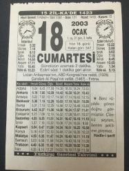 18 OCAK 2003-TAKVİM YAPRAĞI-DOĞUM GÜNÜ HEDİYESİ-TÜRKİYE GAZETESİ TAKVİMİ,LOZAN ANLAŞMASININ ABD KONGRESİNCE REDDİ1928,ÇANDARLI ALİ PAŞANIN VEFATI 1467  SIFIRI KİM BULDU