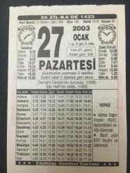 27 OCAK 2003-TAKVİM YAPRAĞI-DOĞUM GÜNÜ HEDİYESİ-TÜRKİYE GAZETESİ TAKVİMİ,OSMANLI DEVLETİNİN KURULUŞU,1299,ŞAİR NEFİ NİN VEFATI 1635,VASİYET Mİ ANAYASA MI