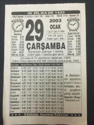29 OCAK 2003-TAKVİM YAPRAĞI-DOĞUM GÜNÜ HEDİYESİ-TÜRKİYE GAZETESİ TAKVİMİ,DÜNYADA İLK TV YAYINLARININ BAŞLAMASI 1926,EZANIN TÜRKÇE OLARAK İLK DEFA FATİH CAMİİ DE OKUTTURULMASI 1932,