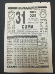 31 OCAK 2003-TAKVİM YAPRAĞI-DOĞUM GÜNÜ HEDİYESİ-TÜRKİYE GAZETESİ TAKVİMİ,TV NİN ANKARADA İLK YAYINI 1968,HAMSİNİN BAŞLANGICI,OSMANLILARDA İLK MATBAANIN KURULUŞU 1729   ,YENİ USUL EV TEMİZLİĞİ