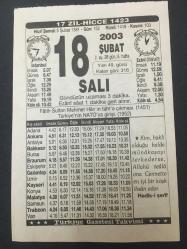 18 ŞUBAT 2003-TAKVİM YAPRAĞI-DOĞUM GÜNÜ HEDİYESİ-TÜRKİYE GAZETESİ TAKVİMİ,FATİHİN TAHTA ÇIKMASI,1451,TÜRKİYENİN NATOYA GİRİŞİ 1952,