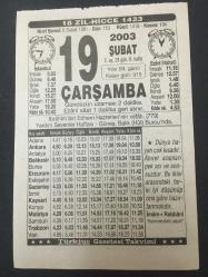 19 ŞUBAT 2003-TAKVİM YAPRAĞI-DOĞUM GÜNÜ HEDİYESİ-TÜRKİYE GAZETESİ TAKVİMİ,İBRAHİM BİN EDHEM HAZRETLERİ NİN VEFATI,779,YARDIM SEVENLER HAFTASI,HERİSE,VARLIK YOKLUK İÇİNDE YOKLUK ZEYTİN