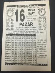16 MART 2003-TAKVİM YAPRAĞI-DOĞUM GÜNÜ HEDİYESİ-TÜRKİYE GAZETESİ TAKVİMİ,ÖĞRETMEN OKULLARININ KURULUŞU,1948,İSTANBULUN İŞGALİ,1920,TÜRK RUS ANLAŞMASI 1921,