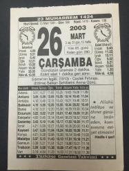 26 MART 2003 -TAKVİM YAPRAĞI-DOĞUM GÜNÜ HEDİYESİ,TÜRKİYE GAZETESİ TAKVİMİ,EDİRNENİN İŞGALİ,1913,ÇAYLAK FIRTINASI,EDİRNE BALKAN ŞEHİTLERİNİ ANMA GÜNÜ,YUSUFÇUK