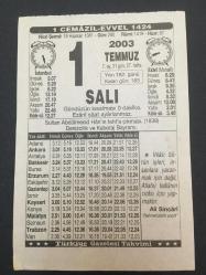 Efemera - 1 TEMMUZ 2003-TAKVİM YAPRAĞI-DOĞUM GÜNÜ HEDİYESİ-TÜRKİYE GAZETESİ TAKVİMİ,SULTAN ABDULMECİD İN TAHTA ÇIKMASI 1839 DENİZCİLİK VE KABOTAJ BAYRAMI,AKLIN DİNDEKİ YERİ - kitantik - kitaLog