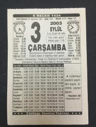 3 EYLÜL 2003-TAKVİM YAPRAĞI-DOĞUM GÜNÜ HEDİYESİ-TÜRKİYE GAZETESİ TAKVİMİ,TAVŞANLI,DURSUNBEY,EMET VE ÖDEMİŞİN KURTULUŞLARI 1922,ESKİŞEHİR SEYYİD BATTAL GAZİYİ ANMA HAFTASI,HÜNKAR TATLISI