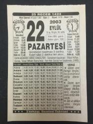 22 EYLÜL 2003-TAKVİM YAPRAĞI-DOĞUM GÜNÜ HEDİYESİ-TÜRKİYE GAZETESİ TAKVİMİ,SONBAHARIN BAŞLANGICI,İTFAİYE HAFTASI,İRAN İRAK SAVAŞININ BAŞLAMASI 1980,MÜBAREK GECELER