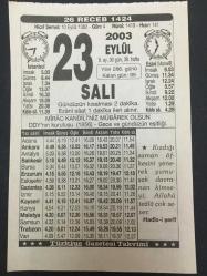23 EYLÜL 2003-TAKVİM YAPRAĞI-DOĞUM GÜNÜ HEDİYESİ-TÜRKİYE GAZETESİ TAKVİMİ,DDY NİN KURULUŞU,1856 GECE VE GÜNDÜZÜN EŞİTLİĞİ,MİRAÇ KANDİLİ