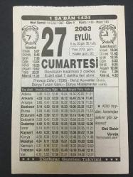 27 EYLÜL 2003-TAKVİM YAPRAĞI-DOĞUM GÜNÜ HEDİYESİ-TÜRKİYE GAZETESİ TAKVİMİ,PREVEZE ZAFERİ 1538,DENİZ KUVVETLERİ GÜNÜ ,DÜNYA TURİZM GÜNÜ,DÜNYA MÜSLÜMANLAR GÜNÜ,ŞABAN AYI BAŞLADI