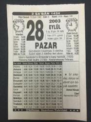 28 EYLÜL 2003-TAKVİM YAPRAĞI-DOĞUM GÜNÜ HEDİYESİ-TÜRKİYE GAZETESİ TAKVİMİ,KAZIM KARABEKERİN ERMENİLERE KARŞI HAREKATI,1920,PATRONA HALİL İSYANI 1730,KESTANEKARASI FIRTINASI,,ERMENİ OLULLARI