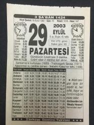 29 EYLÜL 2003-TAKVİM YAPRAĞI-DOĞUM GÜNÜ HEDİYESİ-TÜRKİYE GAZETESİ TAKVİMİ,SARIKAMIŞIN KURTULUŞU,1920,TRABLUSGARP SAVAŞI 1911,AĞAÇLARDAN SU ÇEKİLME ZAMANI,İNEBAHTI KALESİNİN FETHİ 1499,