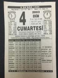4 EKİM 2003-TAKVİM YAPRAĞI-DOĞUM GÜNÜ HEDİYESİ-TÜRKİYE GAZETESİ TAKVİMİ,MEDENİ  KANUNUN YÜRÜRLÜĞE GİRMESİ,1926,TGRT FM İN KURULUŞU 1993 HAYVANLARI KORUMA GÜNÜ,2.ABDULHAMİD İN İMZASI