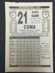 21 KASIM 2003-TAKVİM YAPRAĞI-DOĞUM GÜNÜ HEDİYESİ-TÜRKİYE GAZETESİ TAKVİMİ,MARDİNİN KURTULUŞU,1922,PARİSTE AGİT ANLAŞMASI 1990,KADİR GECESİ