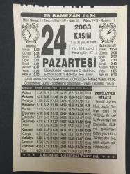 24 KASIM 2003-TAKVİM YAPRAĞI-DOĞUM GÜNÜ HEDİYESİ-TÜRKİYE GAZETESİ TAKVİMİ,ÖĞRETMENLER GÜNÜ SOĞUKLARIN BAŞLAMASI VARTO ZELZELESİ 1975,BAYRAM GÜNLERİ
