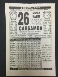 26 KASIM 2003-TAKVİM YAPRAĞI-DOĞUM GÜNÜ HEDİYESİ-TÜRKİYE GAZETESİ TAKVİMİ,KAPALIÇARŞI YANGINI,1954,DÜNYA MÜSLÜMAN KADINLAR GÜNÜ ,GELİBOLU VE ECEABATIN  KURTULUŞLARI 1922,BAYRAM GÜNLERİ