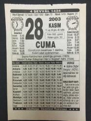 28 KASIM 2003-TAKVİM YAPRAĞI-DOĞUM GÜNÜ HEDİYESİ-TÜRKİYE GAZETESİ TAKVİMİ,ŞAPKA KANUNUN YÜRÜRLÜĞE GİRMESİ 1925,KANUNİNİN BAĞDATI FETHİ 1534,SABAH UYKUSU