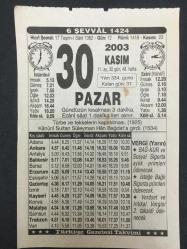 30 KASIM 2003-TAKVİM YAPRAĞI-DOĞUM GÜNÜ HEDİYESİ-TÜRKİYE GAZETESİ TAKVİMİ,TÜRBE VE TEKKELRİN KAPATILMASI 1925,KANUNİ BAĞDATA GİRDİ,1534,EY İNSAN