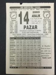 14 ARALIK  2003-TAKVİM YAPRAĞI-DOĞUM GÜNÜ HEDİYESİ-TÜRKİYE GAZETESİ TAKVİMİ,IRAKIN İSTİKLALİ,1927,BOSNA BARIŞ ANLAŞMASI 1995,KAŞİF AMUNDSEN İN GÜNEY KUTBUNU KEŞFİ, 1911 ,OSMANLININ AHI TUTTU,